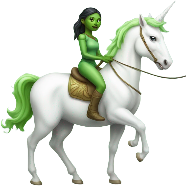 a green amazon alien woman on a four-legged white unicorn emoji
