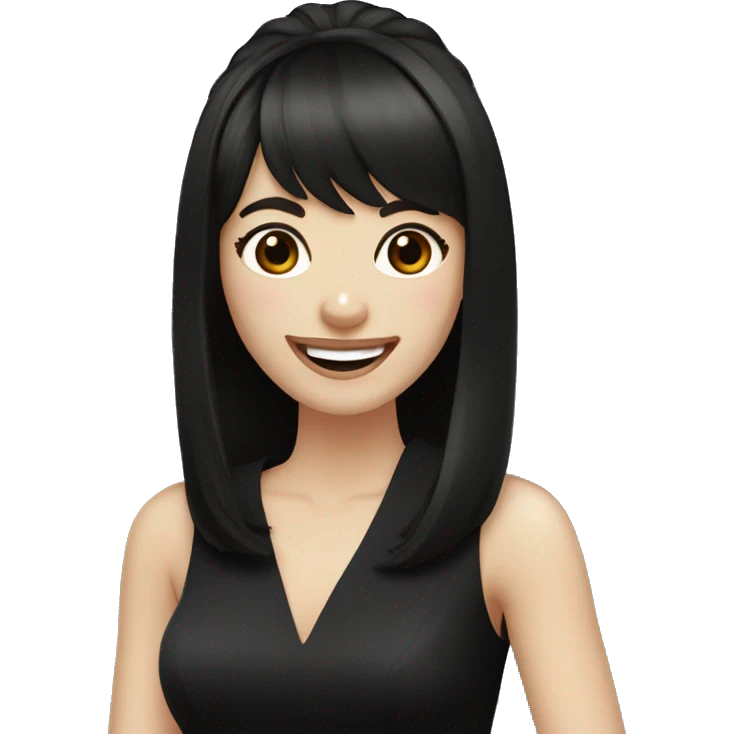 bride with very pale skin dark brown straight hair black dress and bangs laughing emoji
