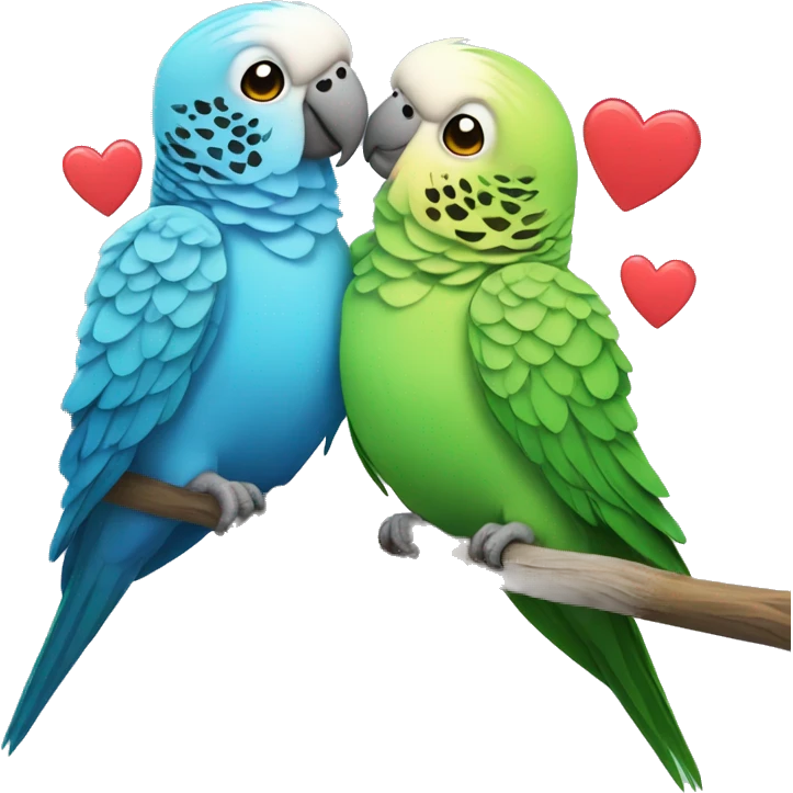 Two parakeets with hearts around them emoji
