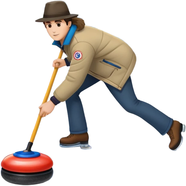 An icon featuring a curling stone sliding across the ice, with a broom nearby. The scene includes the curling rink, with its distinctive circles, and a vibrant crowd in the stands. Snowflakes fall outside the arena, and bright lights illuminate the ice. Transparent background. emoji