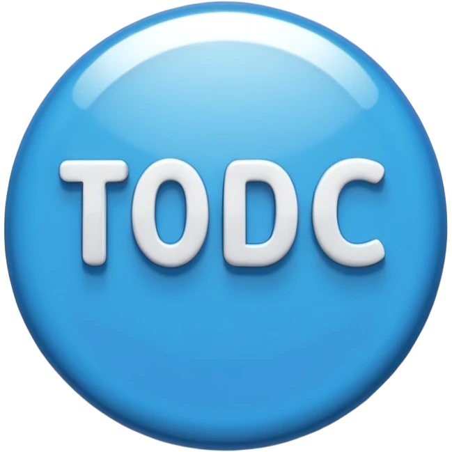 A glossy, three-dimensional emoji pin badge showing the text "TODOC". The font is modern, rounded, sans-serif, and colored in a professional medical blue. The badge has soft edges and reflections, in the style of Apple emojis. White background. emoji