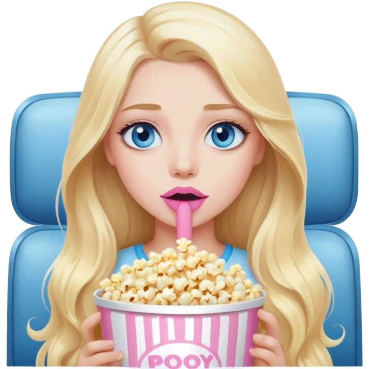 Cinematic realistic blonde with long hair, blue eyes and painted pastel pink lips, watching TV and eating popcorn emoji