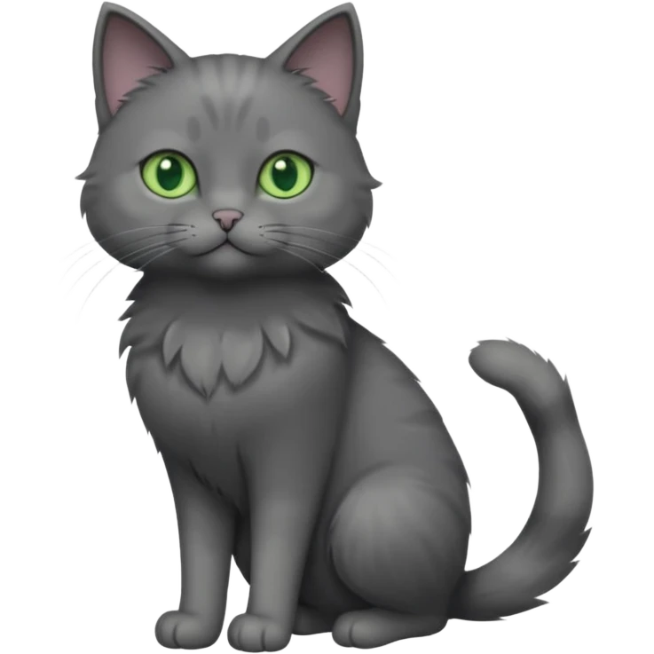 full body view of beautiful female solid dark grey cat with green eyes, grey face, white toes/paws and small white patch on her chest emoji