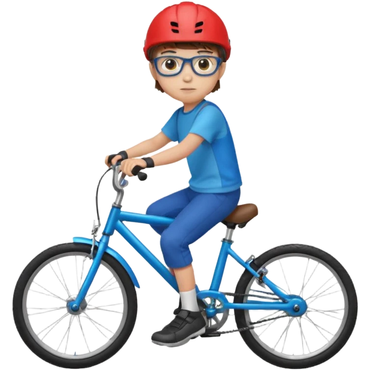 12 year old boy with short brown hair and a fringe, round glasses, blue eyes, riding a blue bike, wearing a red helmet emoji