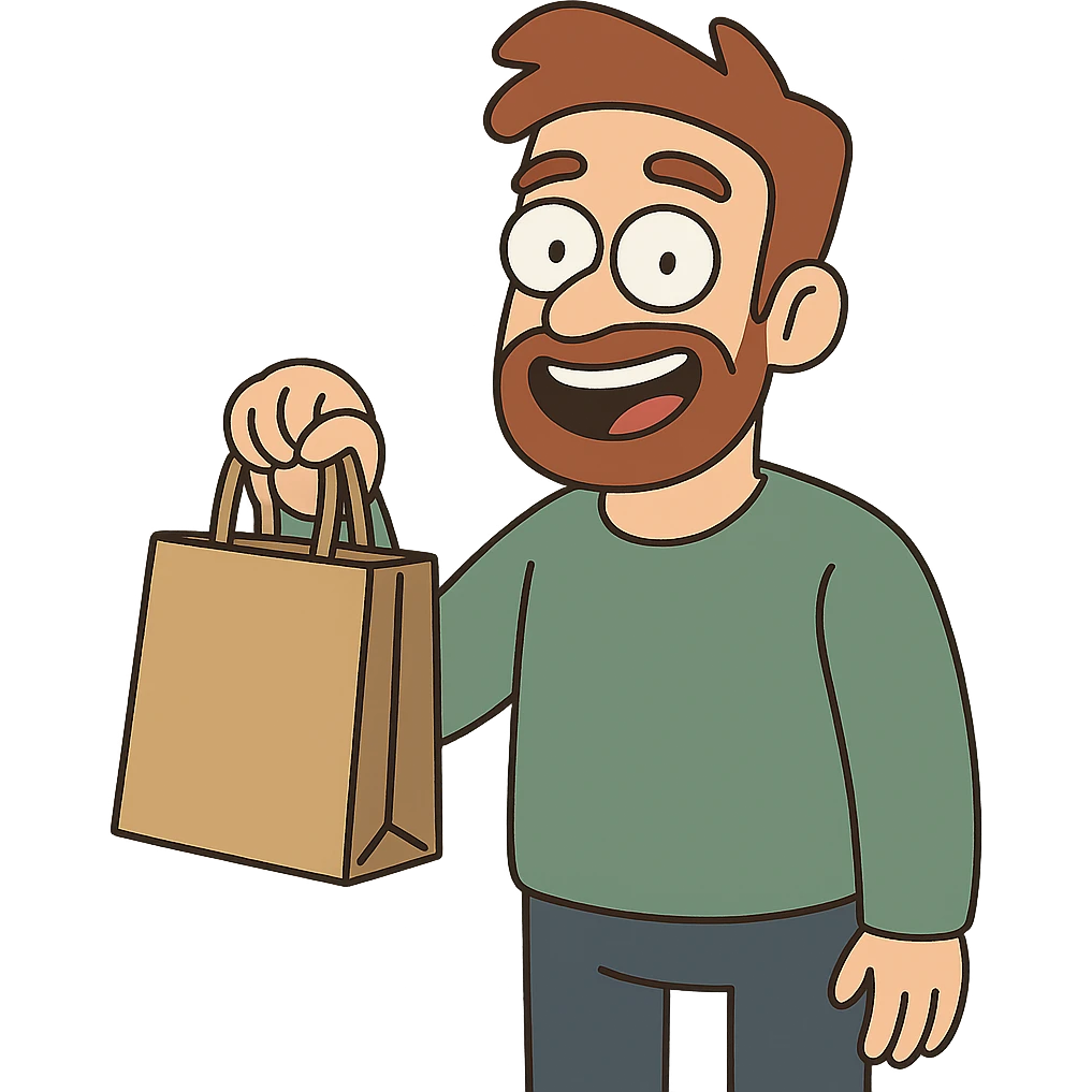 friendly customer character smiling holding shopping bag modern flat style emoji