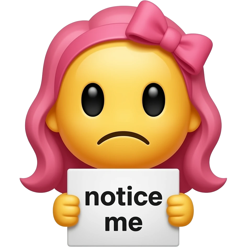 Yellow smiley with pink hairbow sad holding emoji up a sign that says "notice me" emoji
