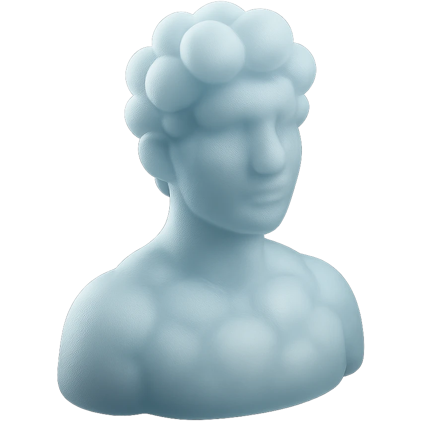 person looking straight, made entirely of white fluffy convex clouds, shoulder up, matte glass style, clouds more rounded, no background emoji
