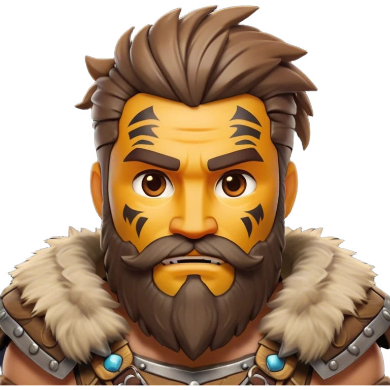Clash of Clans style: Cinematic Rugged Barbarian Portrait Emoji, Intense and formidable with a stylized build, a rugged beard and expressive eyes, adorned in playful, battle-worn furs and cartoonish armor with tribal markings, Simplified yet powerfully detailed features, highly detailed, glowing with a deep, adventurous energy, high shine, spirited and determined, stylized with an air of raw, untamed power, soft glowing outline, capturing the essence of a barbarian warrior ready to lead epic quests! emoji