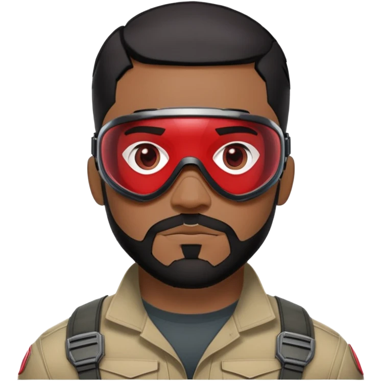 sam wilson have a short, neatly cropped black hair. It is evenly trimmed and close to the scalp, maintaining a clean and military-inspired and  a well-groomed beard that connects to his mustache,  wear sleek, red-tinted tactical goggles fit snugly from captain america: civil war emoji