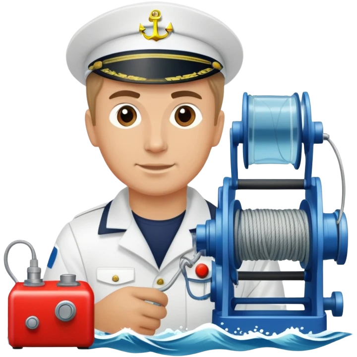 Russian sailor operating a winch with oceanographic equipment, sonar devices, water samples, and ocean waves emoji