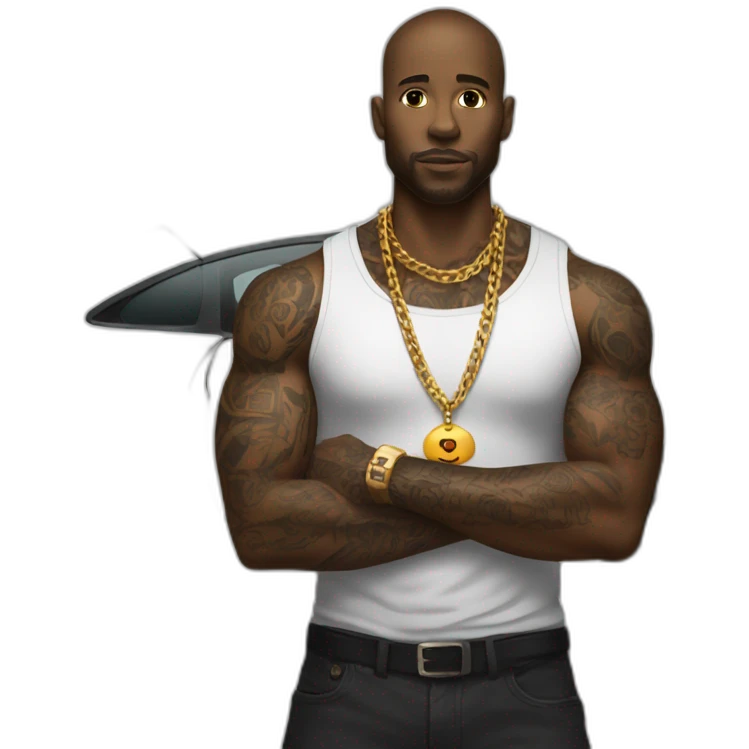 A black man with the right arm tattoed, with a car on the back and a gold chain on the neck  emoji