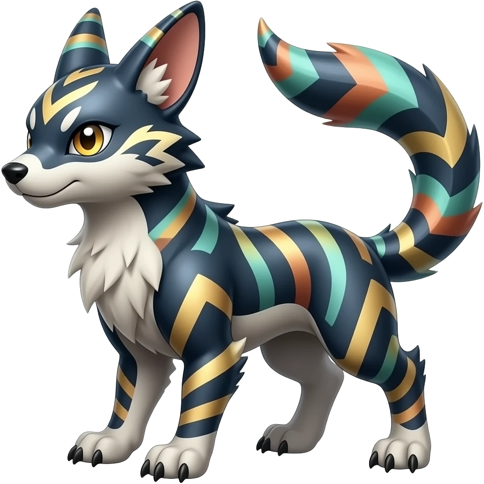 Hyper-realistic cool edgy badass zigzag-striped etched marked elegant Colorful Skilled Adept Graceful Asian Painted Meloetta-Furret-Lycanroc-Zangoose-fusion-hybrid-creature (full body) emoji