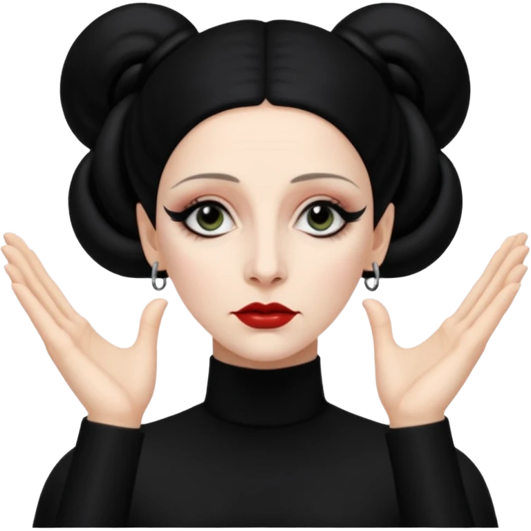 Lene Lovich shown as on the Stateless album cover with a typical symmetrical hand pose emoji