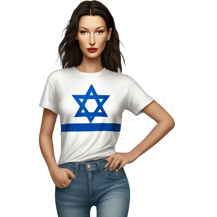 Bella hadid wearing t shirt with Israeli flag, full body emoji