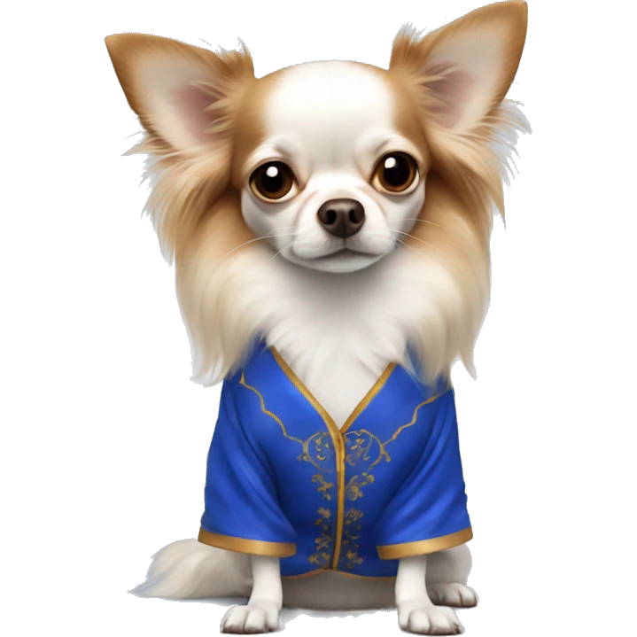 Long-haired white Chihuahua with reddish brown markings wearing royal blue silk pajamas emoji