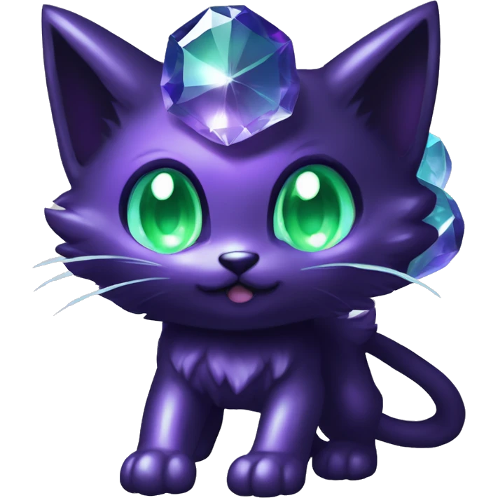 Shiny, Sparkly, Black Dark-type-Fairy-Type-Psychic-Ice-type-Fakémon-Cat Purple eyes, green gem, full body emoji