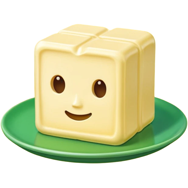 A 3D cartoon butter block identical to dairy butter, subtle green plate or tone difference, Memoji-style emoji