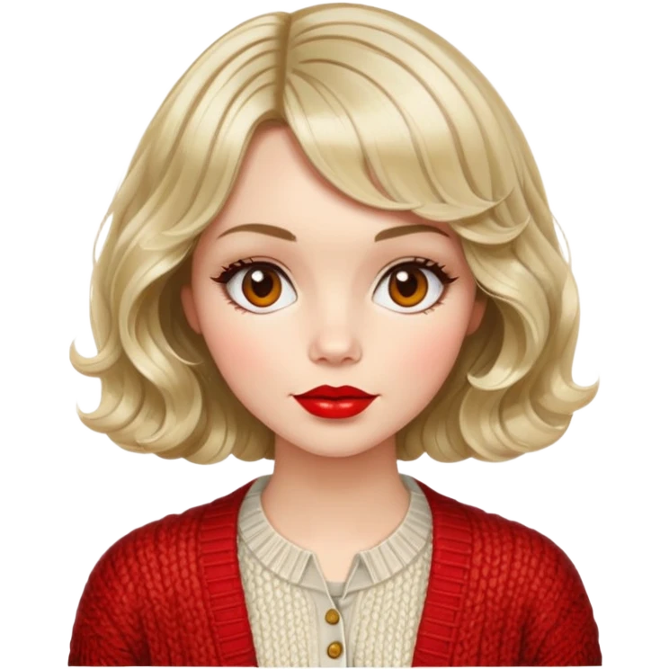 Alluring 1970's French girl french shiny wavy textured bob haircut tousled hair red lips wearing knitted cardigan emoji