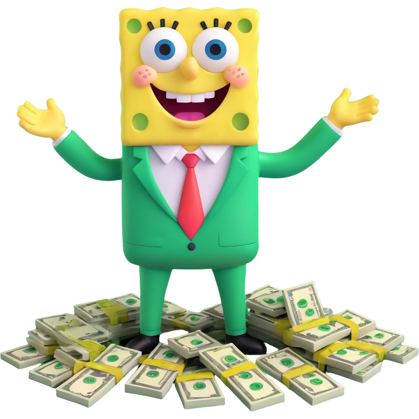 SpongeBob in a green suit, surrounded by money, happy pose emoji