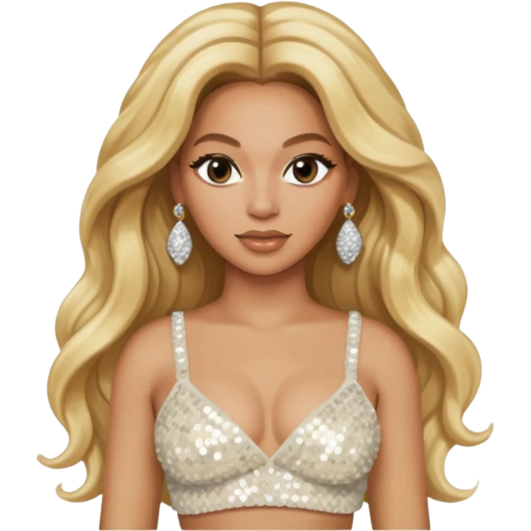 Beyonce with long blonde hair, ivory sequin crop top, ivory earring emoji