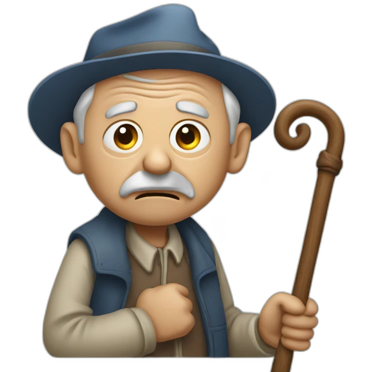 Old man leaning on a walking cane and holding his crancky back with his hand, grumpy face, detailed emoji