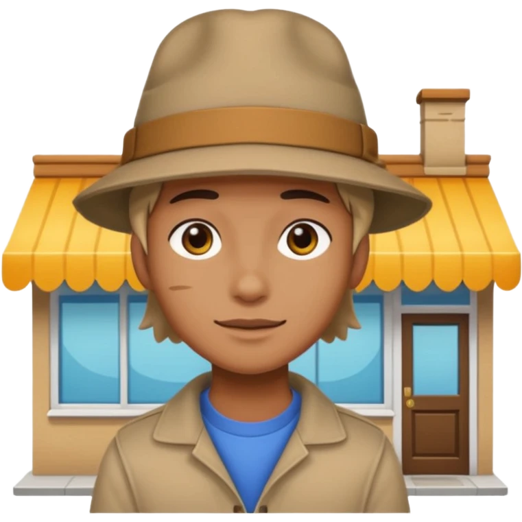 grown  2D line-drawn character + small bright shop emoji