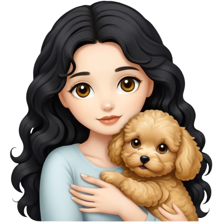 beautiful woman with black long wavy hair and brown eyes hugs a golden maltipoo  emoji