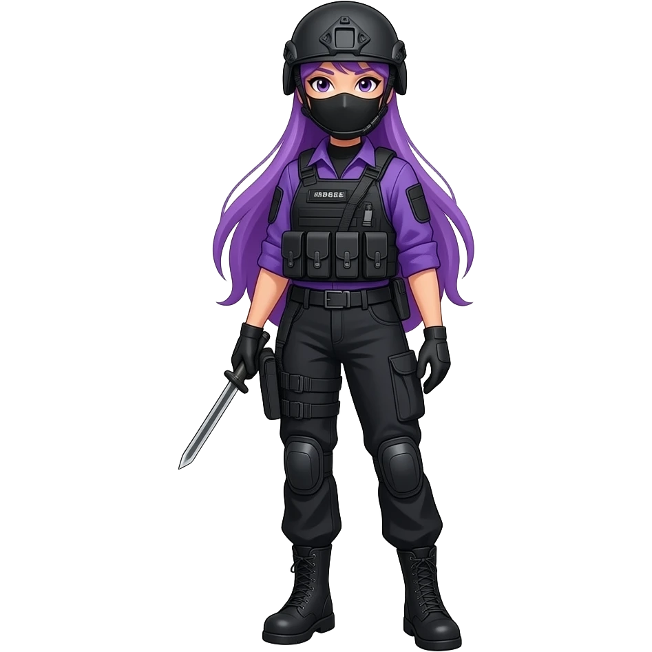 sexy girl with long purple hair wears a purple SPECIAL TACTICS FORCE OUTFIT BLACK FATIGUE AND COMBAT BOOTS PLATE with a helmet and a mask emoji