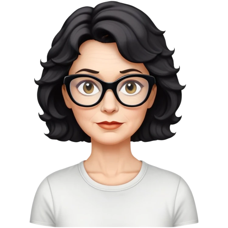 white woman about 50 years old with light warm skin, wavy black neck-length 80s short hair, neutral determined expression, large black shiny butterfly or cat-eye glasses, white casual t-shirt emoji