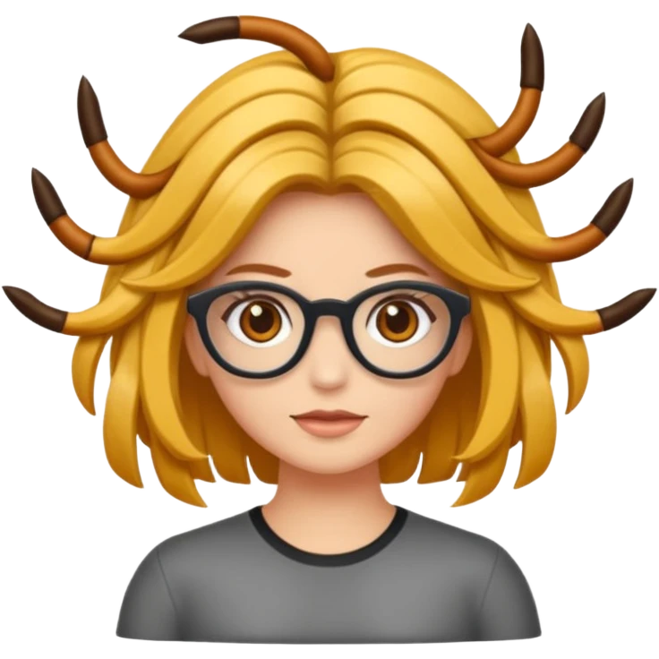 Uma garota de cabelos encaracolados compridos e mechas bem loiras, com pele morena  e óculos emoji