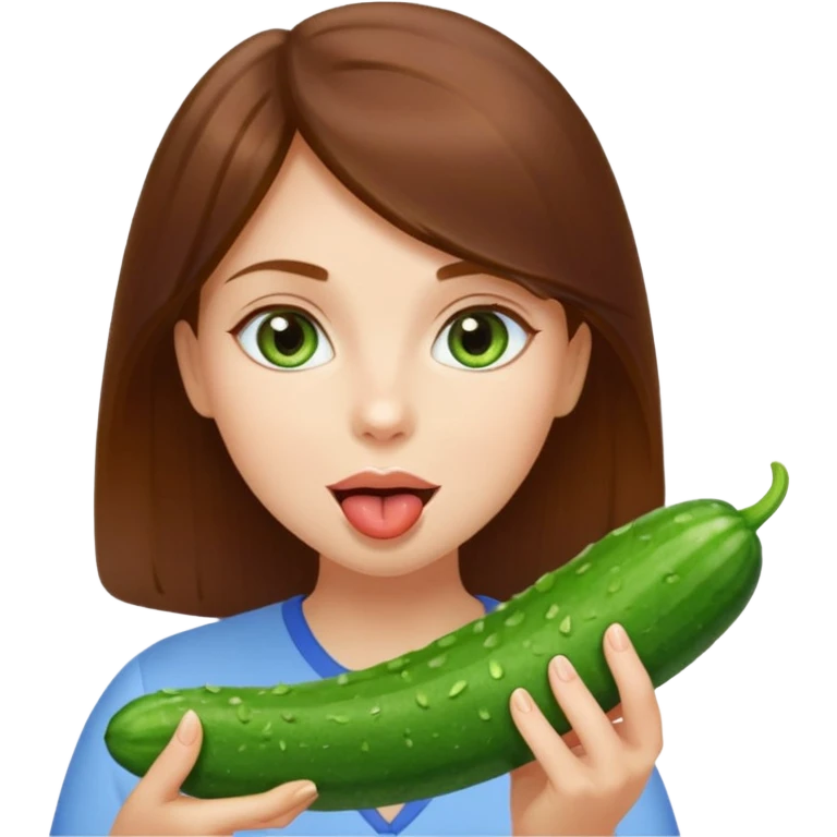 I want a brown hair blue eyes girl emoji, sucking a cucumber and holding two more in her hands. Make here licking a cucumber  emoji
