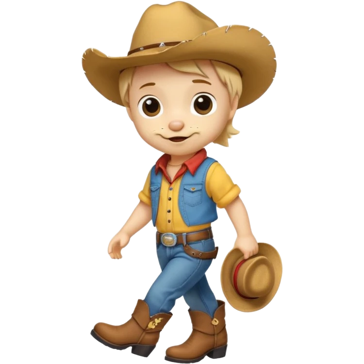a very cute and adorable anthropomorphic puppy with a cowboy hat ,yellow shirt and blue jeans and brown boots is walking  emoji