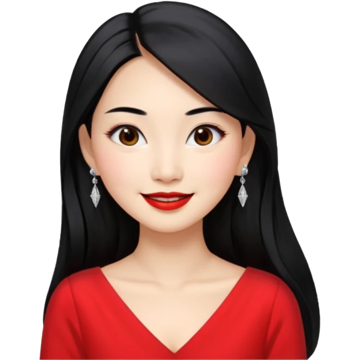 30 yr old asian woman, middle parted straight long black hair, very pretty, fancy dress, earings, red lipstick, silver earings emoji