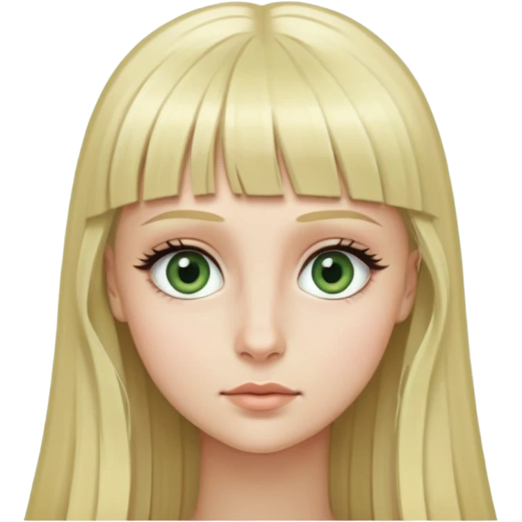 Girl with long blonde hair, micro bangs, no eyebrows, grey green eyes, and long eyelashes emoji