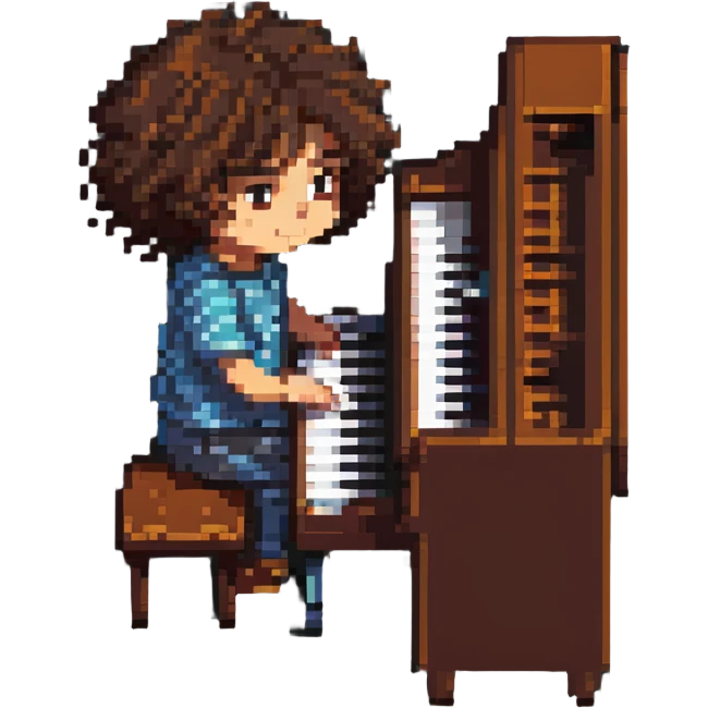 a kid with curly hair and brown eyes playing piano, pixel art style emoji