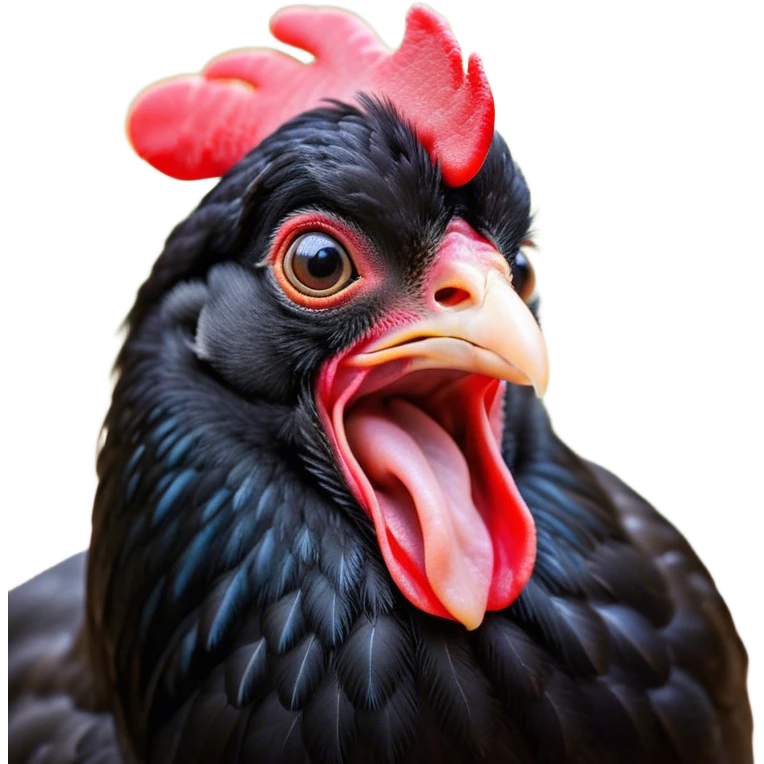 Cinematic Cute Yawning Black Chicken Portrait Emoji, Head tilted slightly with a dramatic, wide-open yawn, showcasing a soft, glossy black plumage with subtle hints of iridescence and a distinctive red comb, floppy wings slightly drooping, round beady eyes barely open in drowsy contentment, Simplified yet irresistibly adorable features, highly detailed, glowing with a soft, cozy glow, high shine, relaxed yet expressive, stylized with a touch of whimsy, bright and endearing, soft glowing outline, capturing the essence of a sleepy yet affectionate chicken, so drowsy it feels like it could stretch out of the screen and curl up for a nap! emoji
