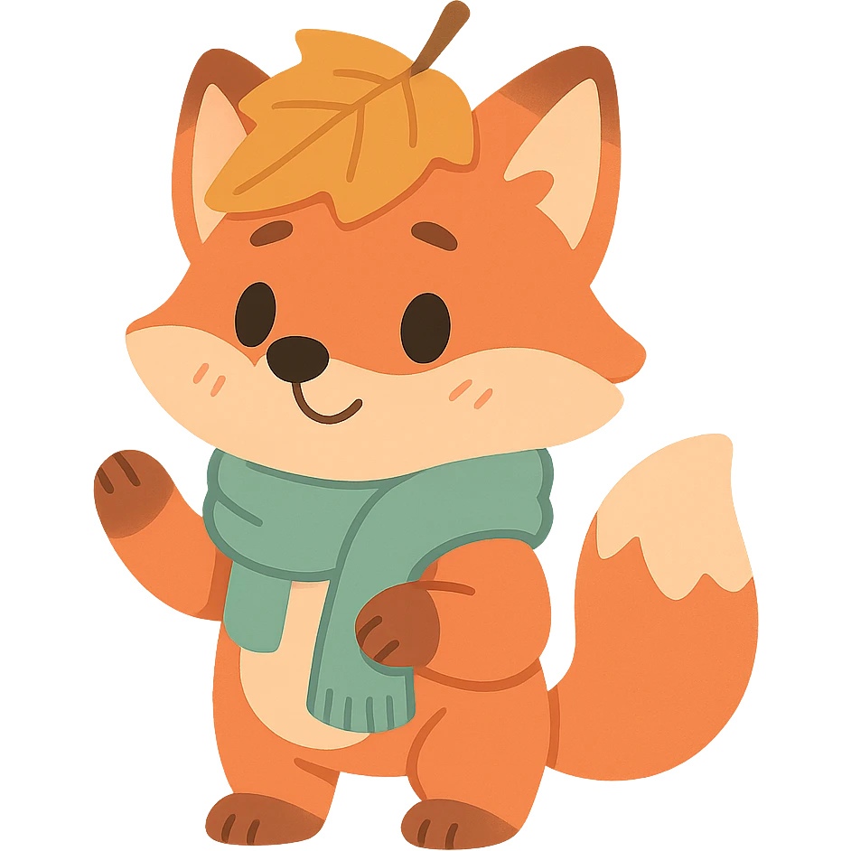 fox wearing a leaf hat and scarf, cute autumn soft style, soft pastel colors, pastel-toon style emoji