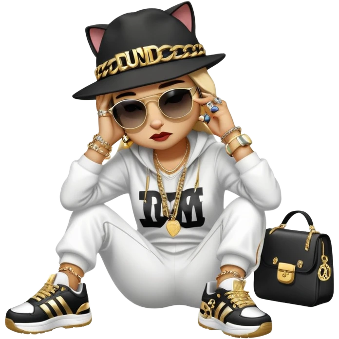 female cat wearing Run DMC hip-hop outfit with tracksuit, fedora, Adidas sneakers, dark sunglasses, many gold chains, rings, bracelets, flashy earrings, lying on the ground in distress, crying emoji