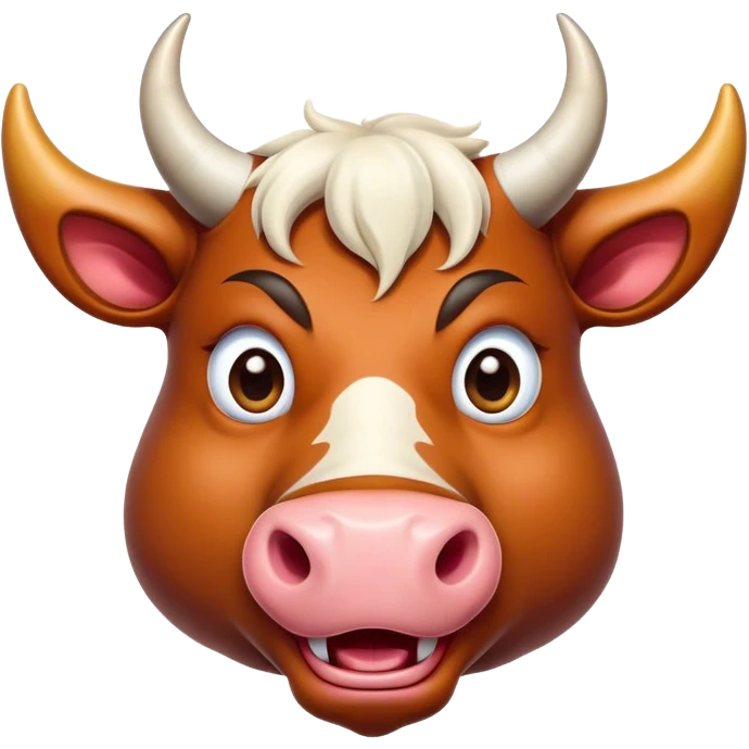 Cinematic Comical Domestic Ox Portrait Emoji, Head tilted dramatically with an exaggeratedly amused expression, featuring a striking, glossy hide with boldly curved horns and wide, expressive eyes brimming with playful disbelief, Simplified yet hilariously expressive features, highly detailed, glowing with a slightly sassy earthy glow, high shine, dramatic yet playful, stylized with an air of cheeky rural mischief, soft glowing outline, capturing the essence of a spirited and over-the-top ox that looks ready to charge its way into internet fame instantly! emoji