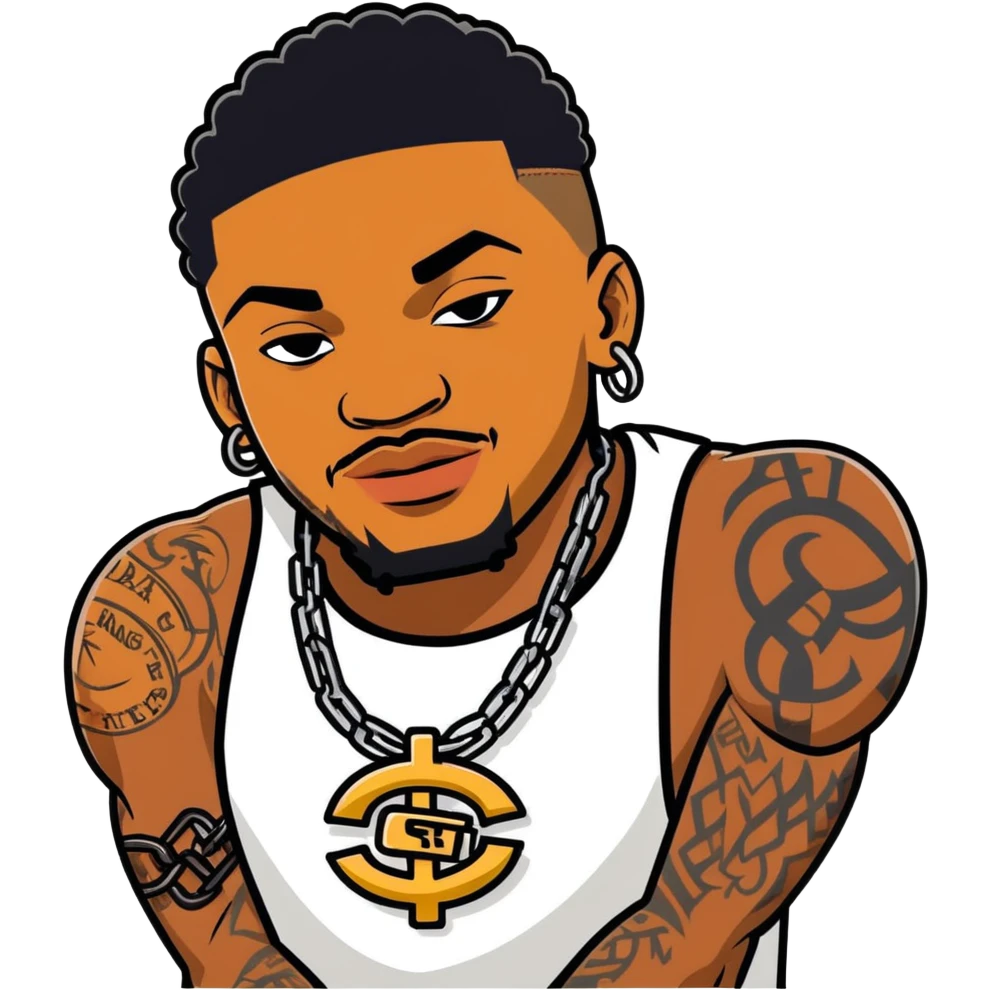 black man with tattoos, chain, grills, gang member style emoji
