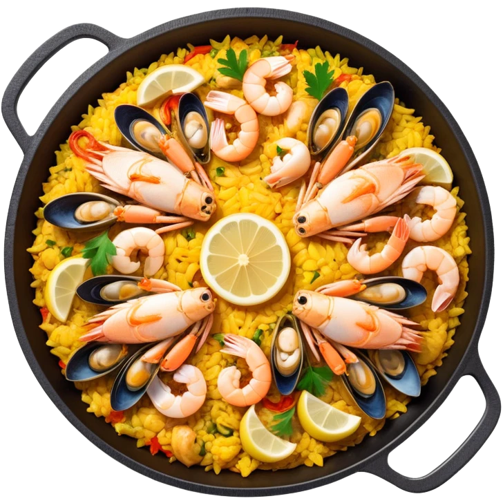 cinematic-realistic-paella-dish-emoji,-depicted-as-a-vibrant,-aromatic-rice-dish-loaded-with-seafood,-chicken,-and-saffron-rendered-with-rich-textures-and-dynamic,-warm-lighting with a lemon slice in the middle emoji