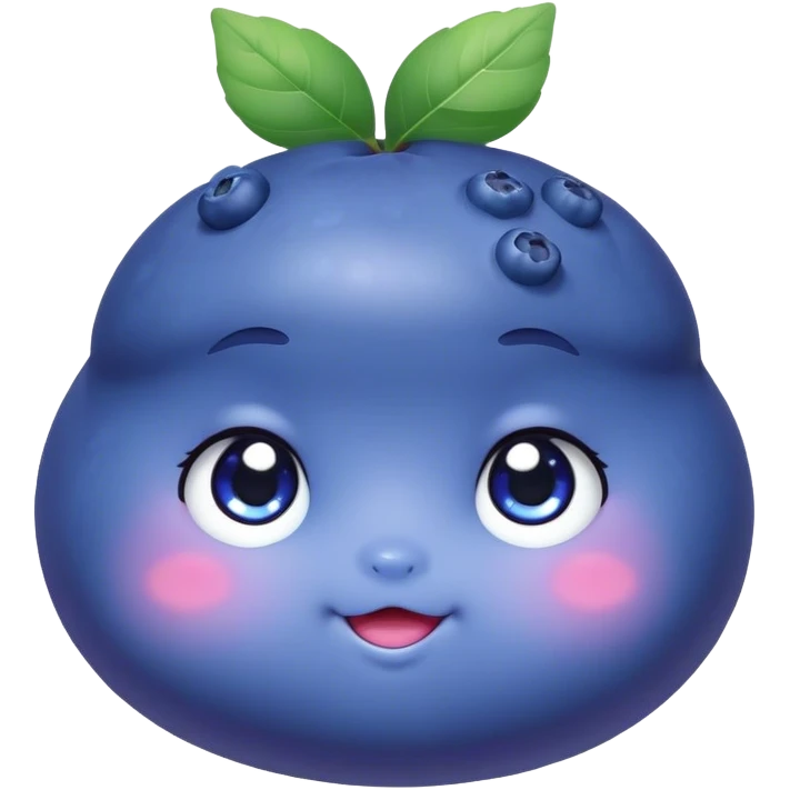 Cute Kawaii Blueberry, small and chubby, deep blue-purple with a tiny leafy crown, bright sparkling eyes, a soft round body, cute blushing cheeks, full of berry sweetness! emoji