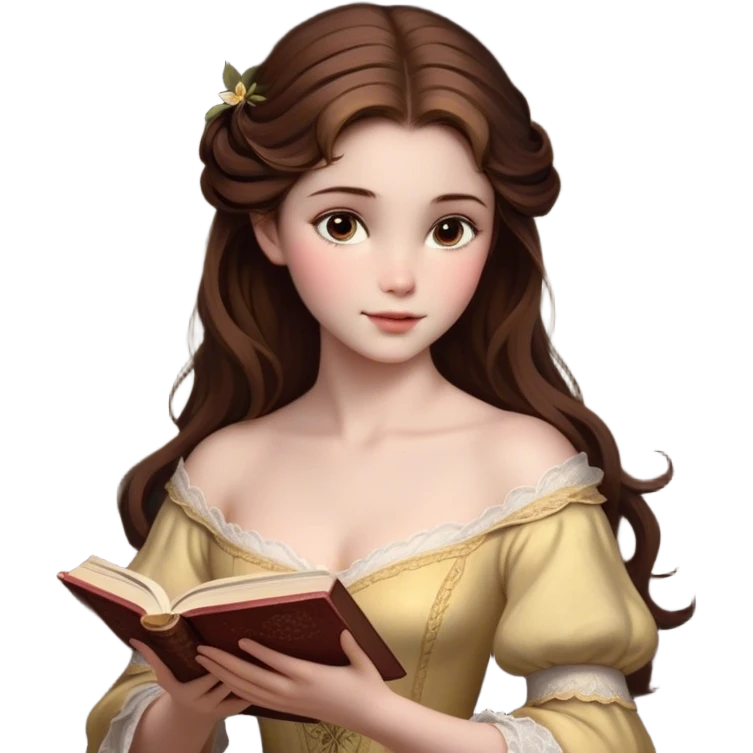Cinematic Realistic Belle Portrait, depicted with lifelike skin texture, soft natural lighting, and intricately detailed brown hair styled elegantly. Her deep, expressive eyes exude warmth and intelligence, complemented by a serene and graceful expression. She gently holds a book in one hand, her other hand resting at her side, radiating an aura of beauty and intellect. She is dressed in her classic yellow ball gown, the fabric rich in texture with delicate folds that catch the light beautifully. The portrait features a soft, enchanting glow with a natural, radiant finish, capturing the essence of timeless beauty in a realistic and painterly style, evoking a sense of depth and authenticity. emoji