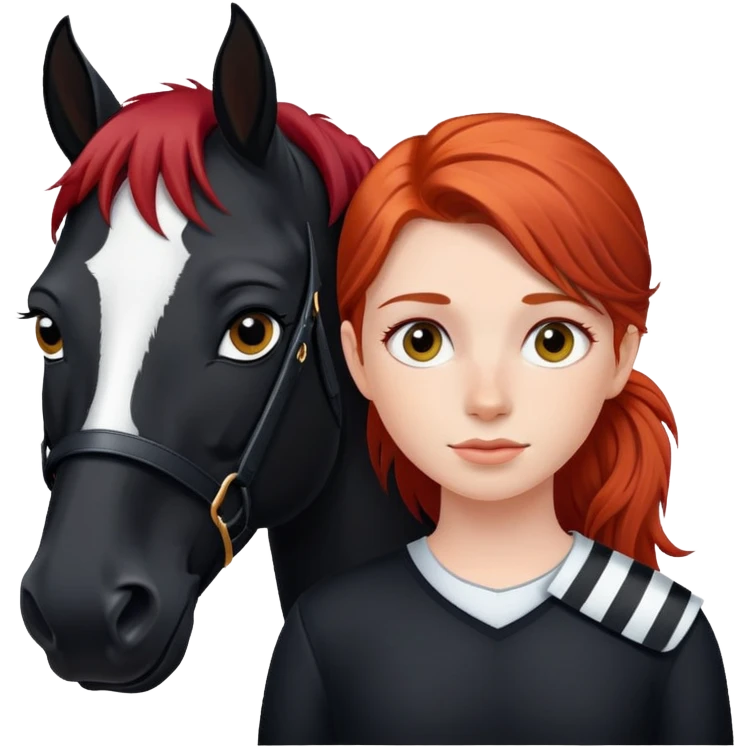 A red-haired girl with a black horse has a white stripe on his face emoji