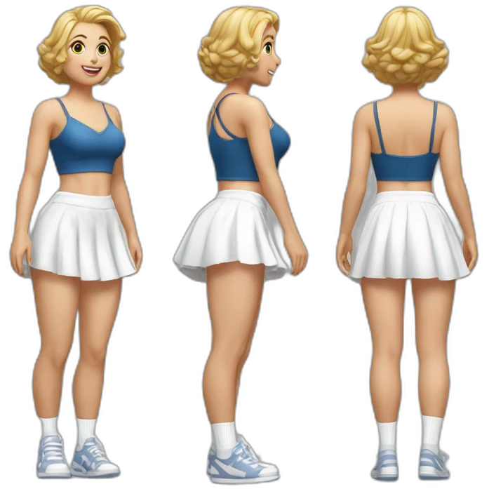 hyperrealistic-full-body-caucasian-curvy-beauty-jumping-small white-skirt-back-and-front-views-strong-wind-knickers white socks emoji