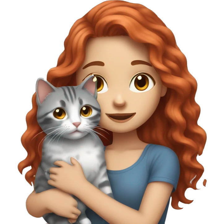girl with red long wavy hair and blue eyes holding a grey tabby cat emoji