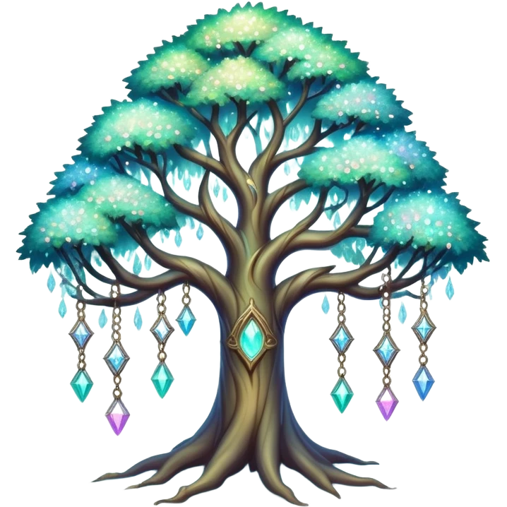 Spiritual magical ethereal iridescent tree with crystals hanging in it emoji