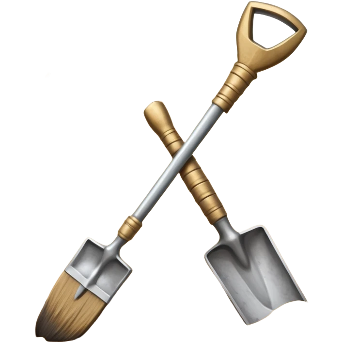 An icon showing archaeological tools—trowel, brush, and pickaxe—laid out on the sand, with the ancient Karnak temple ruins in the background. The design symbolizes exploration and discovery of ancient Egyptian history. Transparent background emoji