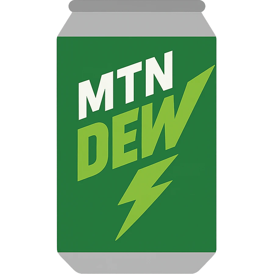 flat icon of a Mountain Dew can, bold green and silver colors, stylized lightning bolt, minimal details, beverage theme emoji