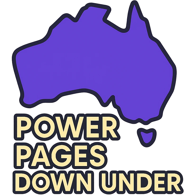 modern clean icon of Australia map with no border, text 'Power Pages Down Under' in bold geometric font, color scheme #403DAD, vibrant purple, #fff7ad, no Power Pages icon, no digital overlays emoji